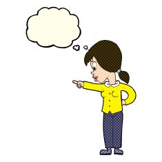 cartoon enthusiastic woman pointing with thought bubble N6