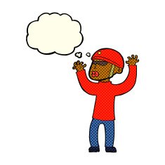 cartoon security man panicking with thought bubble N6