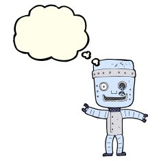 cartoon funny old robot with thought bubble N6