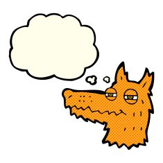 cartoon smug fox face with thought bubble N3