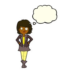 cartoon girl in jacket with thought bubble N6