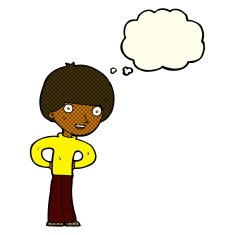 cartoon happy boy with hands on hips thought bubble N5