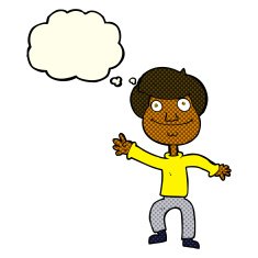 cartoon happy man waving with thought bubble N20