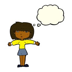 cartoon woman shrugging shoulders with thought bubble N264