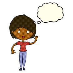 cartoon waving woman with thought bubble N78