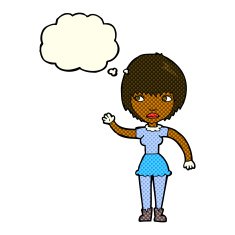 cartoon waving woman with thought bubble N82
