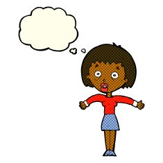cartoon woman shrugging shoulders with thought bubble N268