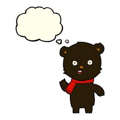cartoon waving black bear cub with scarf thought bubble N3