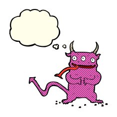 cartoon little demon with thought bubble N17