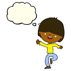 cartoon happy boy dancing with thought bubble N6
