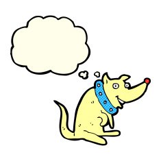 cartoon happy dog in big collar with thought bubble N4
