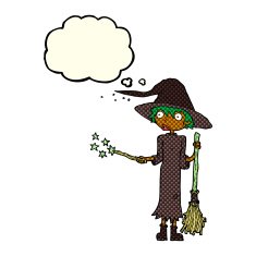 cartoon witch casting spell with thought bubble N11