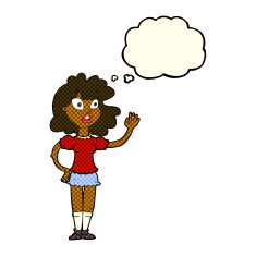 cartoon worried woman waving with thought bubble N10