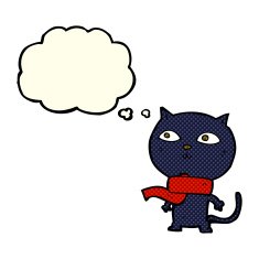 cartoon black cat wearing scarf with thought bubble N3