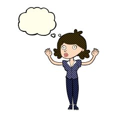 cartoon woman surrendering with thought bubble N6