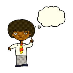 cartoon school boy answering question with thought bubble N29