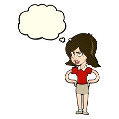 cartoon annoyed woman with hands on hips thought bubble N5