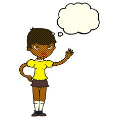 cartoon woman waving with thought bubble N193
