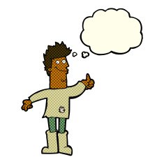 cartoon positive thinking man in rags with thought bubble N5