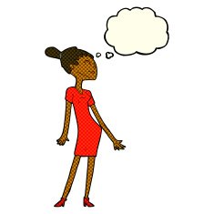 cartoon woman in dress with thought bubble N23