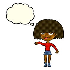 cartoon smug woman making dismissive gesture with thought bubble N6