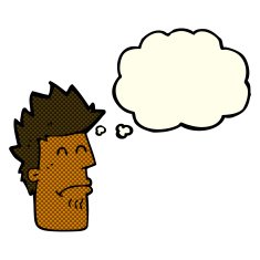 cartoon man feeling sick with thought bubble N4