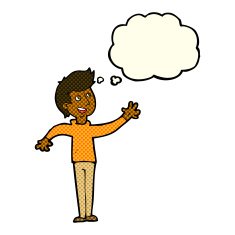 cartoon man waving with thought bubble N17