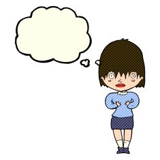 cartoon woman making Who Me? gesture with thought bubble N25