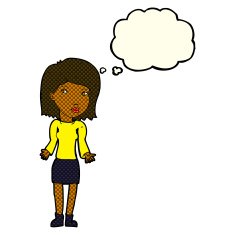 cartoon woman shrugging shoulders with thought bubble N278