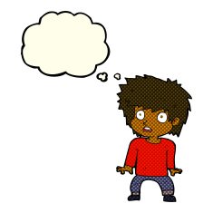 cartoon frightened boy with thought bubble N12