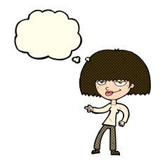 cartoon happy woman pointing with thought bubble N39