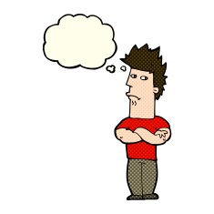 cartoon man sulking with thought bubble N6