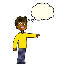 cartoon man pointing and laughing with thought bubble N18
