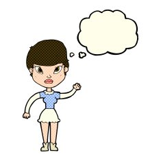 cartoon woman waving with thought bubble N200
