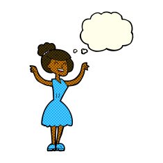 cartoon woman with raised arms thought bubble N6