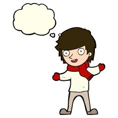 cartoon boy in winter clothes with thought bubble N5