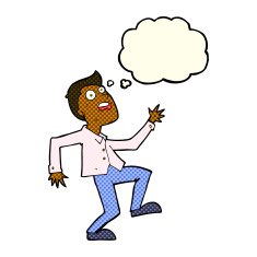 cartoon man panicking with thought bubble N31