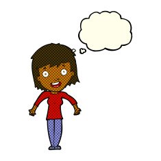 cartoon woman shrugging shoulders with thought bubble N280