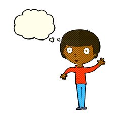 cartoon waving boy with thought bubble N10
