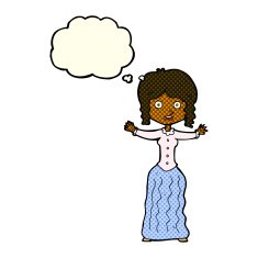 cartoon worried victorian woman with thought bubble N5