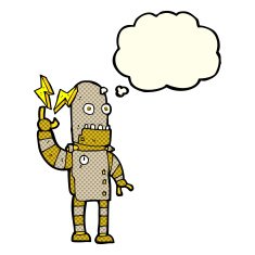 cartoon old robot with thought bubble N5