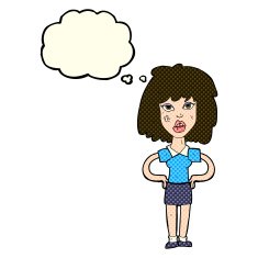 cartoon tough woman with thought bubble N5