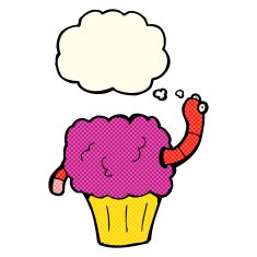 cartoon worm in cupcake with thought bubble N6