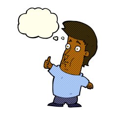 cartoon man giving thumbs up sign with thought bubble N10