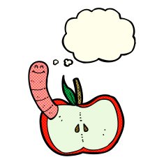 cartoon apple with worm thought bubble N23