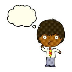 cartoon school boy answering question with thought bubble N30