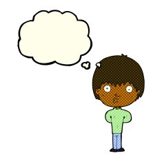 cartoon whistling boy with thought bubble N6