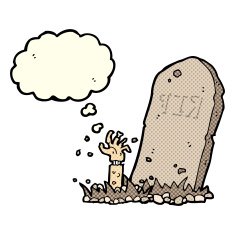cartoon zombie rising from grave with thought bubble N3