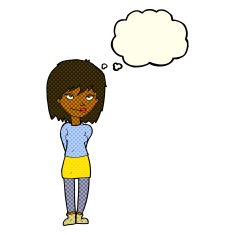 cartoon happy woman with thought bubble N150