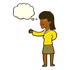 cartoon woman explaining with thought bubble N30